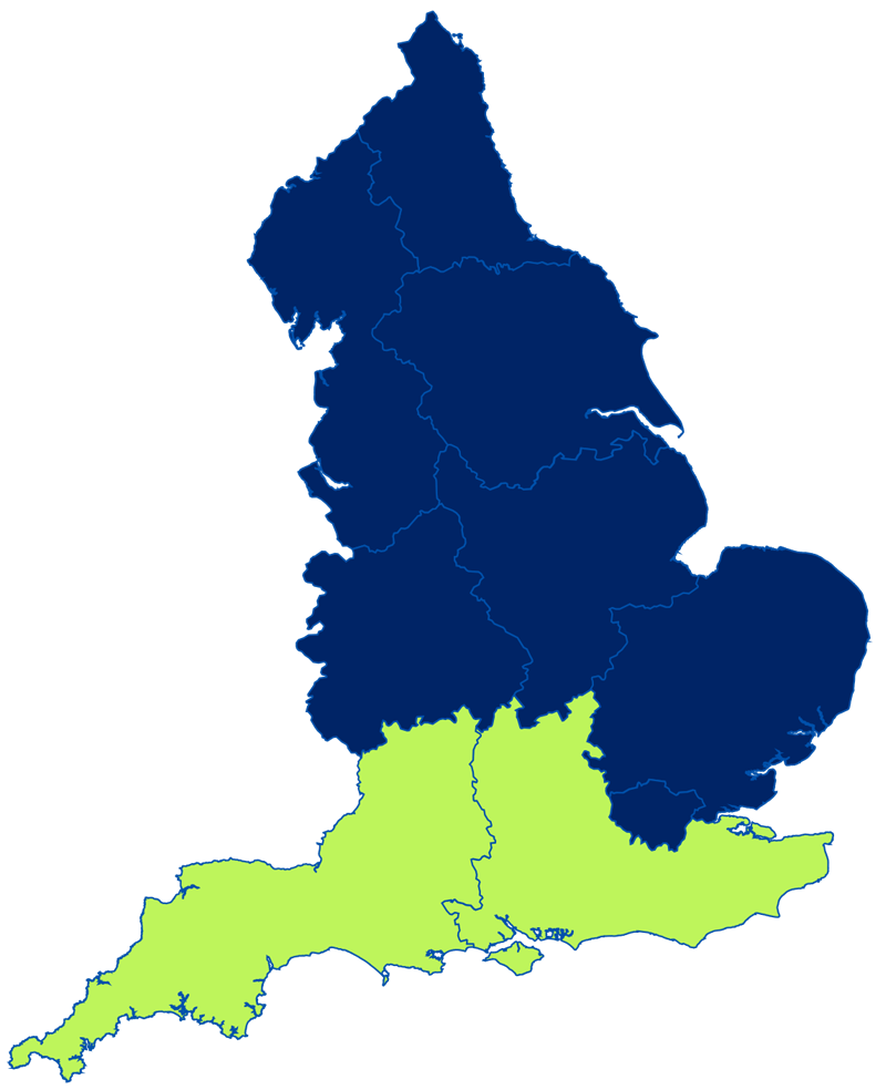 map of England with south England highlighted